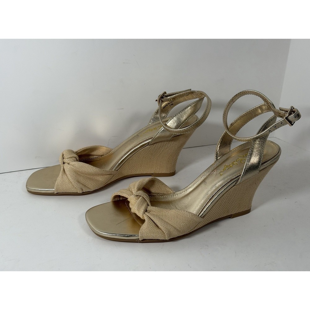 Lilly Pulitzer Emmie Wedge Sandals in Gold and Natural, Womens‎ 7.5